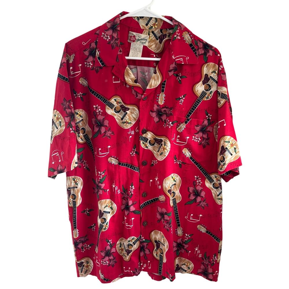 Hilo Hattie Men's Hawaiian Shirt Red Hibiscus Guitars Size Large